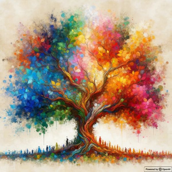 Tableau imitation peinture à l'huile, d'un arbre aux feuilles multicolores.